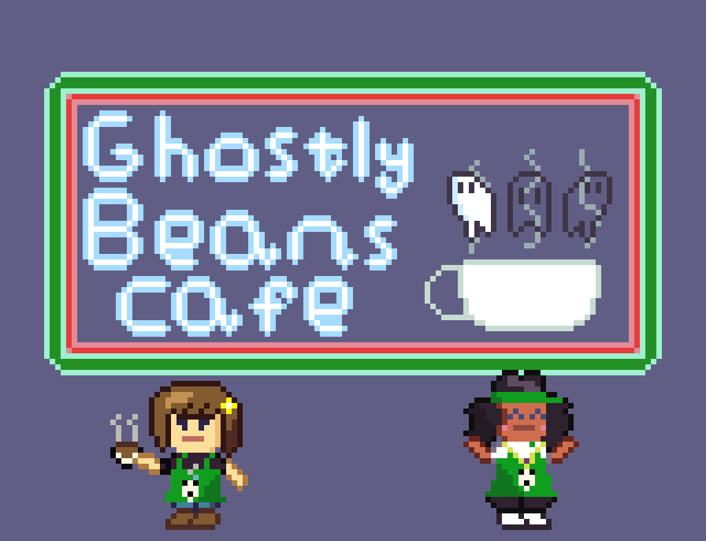 Ghostly Beans Café (2023): A Twine game that follows a barista who serves coffee to ghosts in a cozy café. It features branching dialogue and multiple endings. The writing, programming, and art for this game was all done by me over the course of a month.