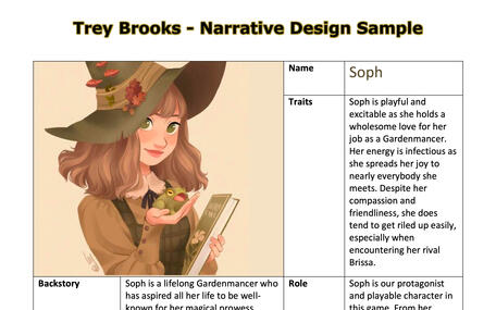 "Gardenmancer" (2025) (Narrative Design Document): A brief narrative design document that outlines the story of a Match-3 game designed around a mystical world of gardening sorcerers.